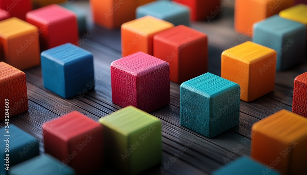 Fototapeta premium Highquality isometric 3D illustration of colorful blocks with human avatars placed on a wooden surface