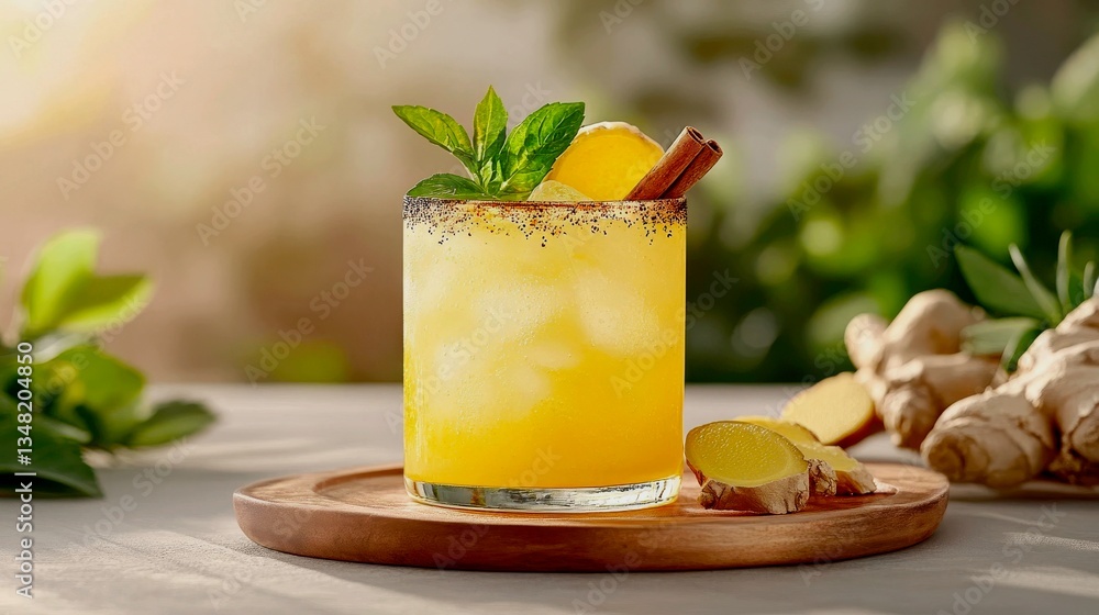Fototapeta premium Turmeric-ginger lemonade with black salt rim