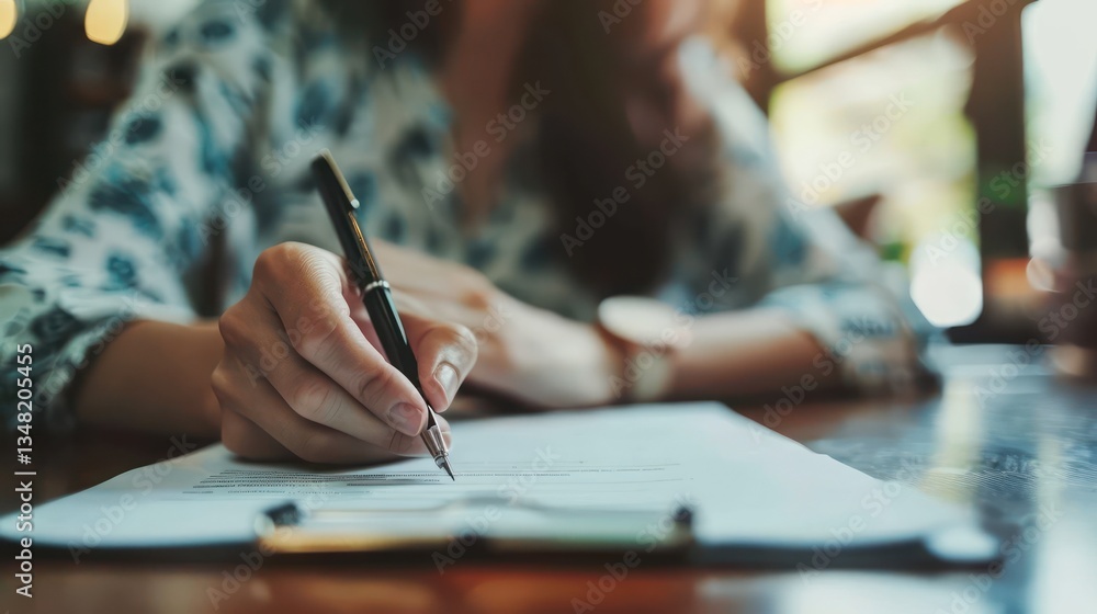 A close-up of a contract being signed by a homebuyer. A close-up of a contract being signed by a homebuyer.