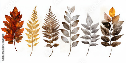 Unique autumn fern leaf icon set in watercolor on white background for creative design