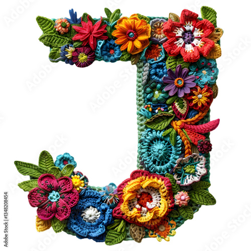 Letters J, Crochet Alphabet Handcrafted Letter Designs isolated on a transparent background
