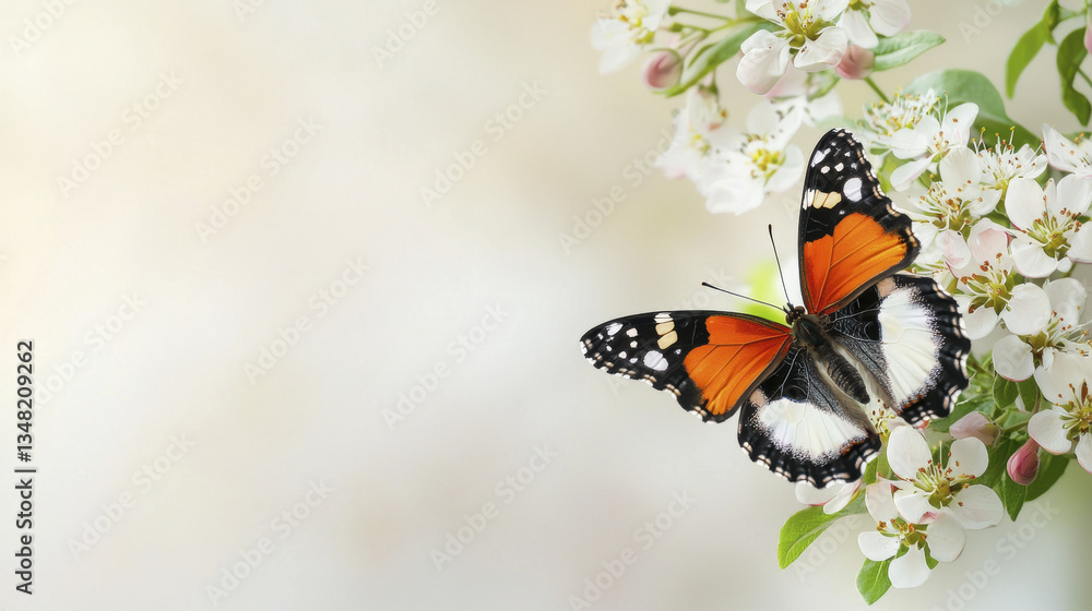 Obraz premium butterfly resting on white flowers, showcasing vibrant orange and black wings. serene background enhances beauty of nature