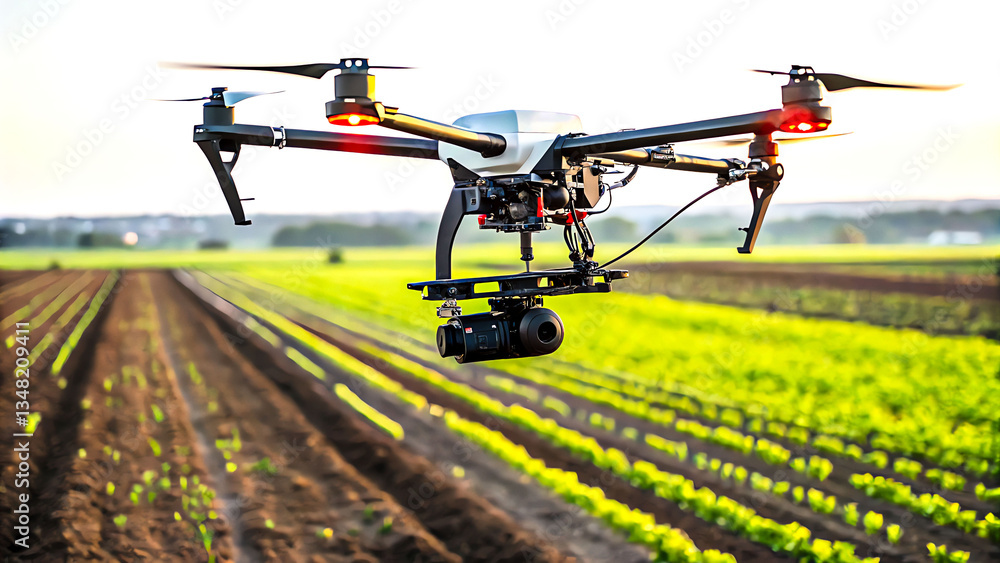 Drone Flying Over Rows of Lush Green Crops with Mounted Camera for Precision Agriculture and Eco-Friendly Data Collection Drone Flying Over Rows of Lush Green Crops with Mounted Camera for Precision Agriculture and Eco-Friendly Data Collection
