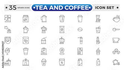 Tea and Coffee outline icon set. coffee icons Pixel perfect. coffee, mug, coffee cup, coffee machine, coffee beans, etc. Editable stroke outline icon. 

