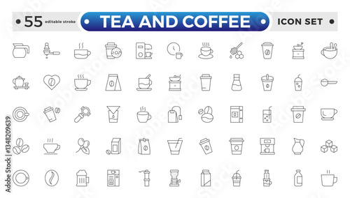 Tea and Coffee outline icon set. coffee icons Pixel perfect. coffee, mug, coffee cup, coffee machine, coffee beans, etc. Editable stroke outline icon. 
