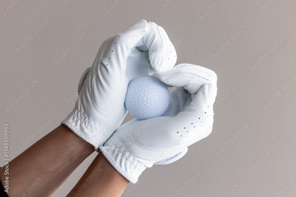 Woman hand wear white glove hold white golf ball, Player golfer woman hold golf ball love golf, Hand wearing golf glove holding white golf ball, Love golf concept.