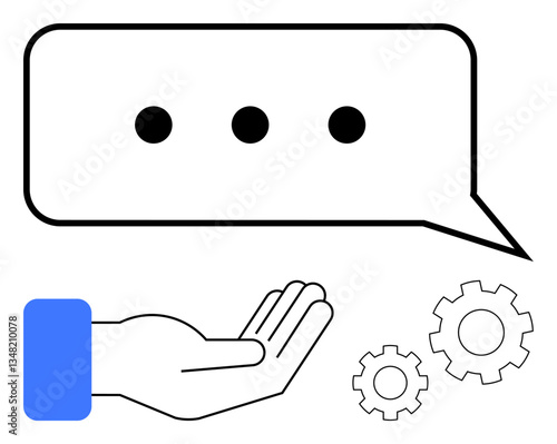 Speech bubble with ellipsis above hand and gears signifying communication, teamwork, technology, creativity, support, innovation, collaboration, and idea sharing. Ideal for problem-solving customer