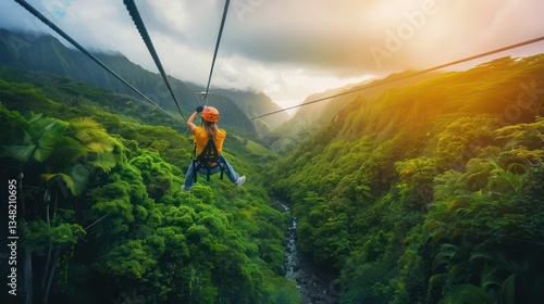 An adrenaline-pumping image of a zipline course suspended high above lush greenery, showcasing the excitement of outdoor adventure activities.