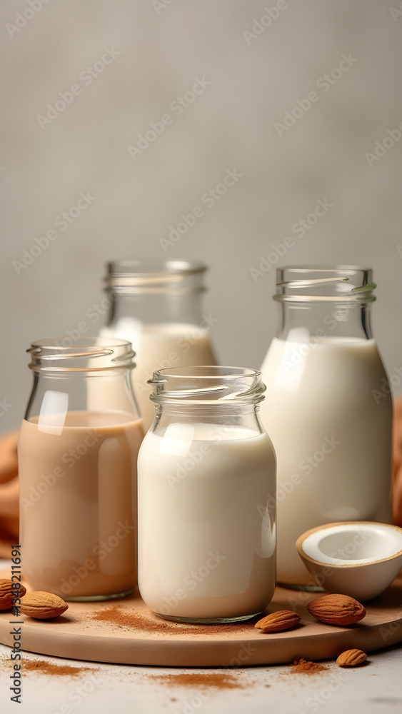 Healthy plant-based milks in decorative jars. Cinnamon and cocoa create a versatile and flavorful beverage. Healthy plant-based milks in decorative jars. Cinnamon and cocoa create a versatile and flavorful beverage.
