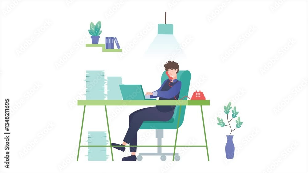 Man Working on Laptop at Desk With Papers and Phone in Cozy Office Man Working on Laptop at Desk With Papers and Phone in Cozy Office