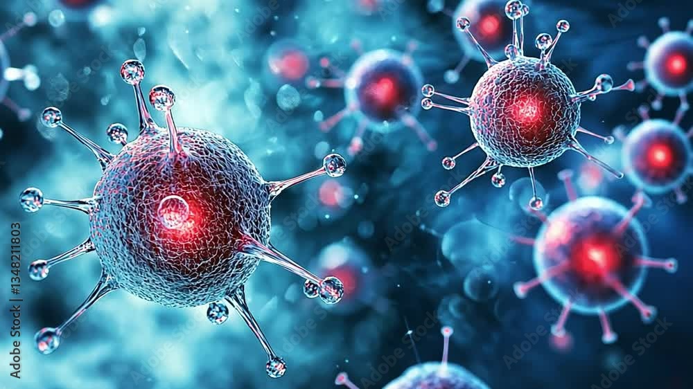 Microscopic Threat: A photorealistic, detailed representation of various viruses or microscopic organisms, rendered in vibrant colors, capturing the complexity of these minute structures.