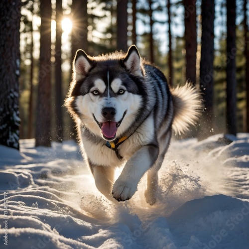 Winter Play: Alaskan Malamute Dashes Through a Snowy Pine Forest