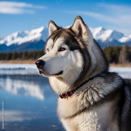 Mountain Guardian: Alaskan Malamute Overlooks a Frozen Lake with Majestic Mountains Beyond