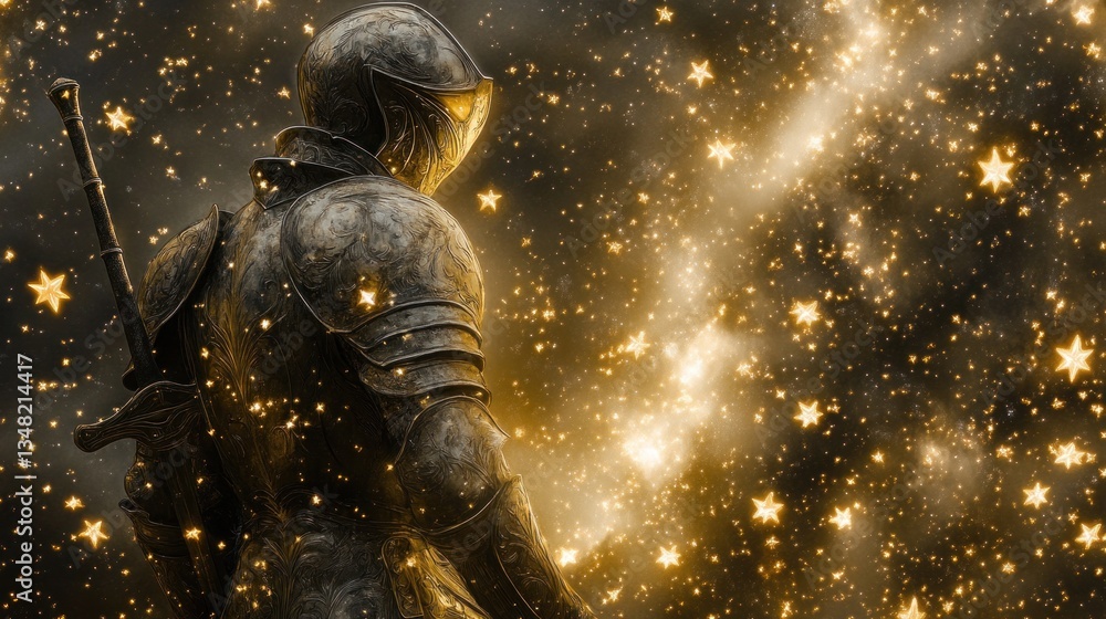 Fototapeta premium Armored warrior stands amidst a starlit cosmos