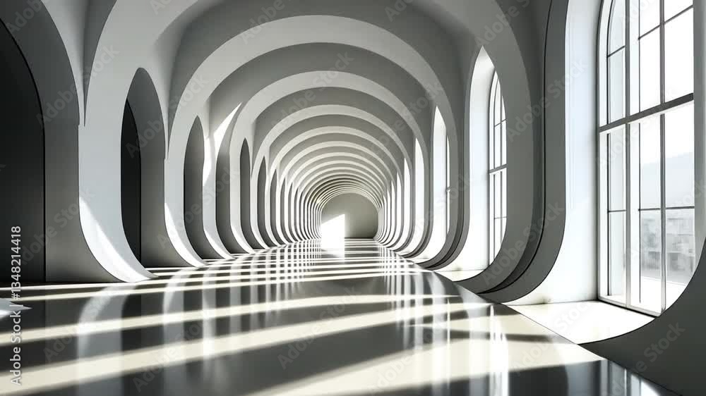 custom made wallpaper toronto digitalA modern, spacious hallway featuring elegant arches and large windows that create a bright and airy atmosphere.