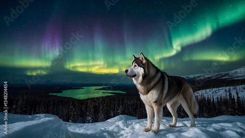 Northern Majesty: Alaskan Malamute Stands Proud on a Cliffside Under the Aurora Borealis
