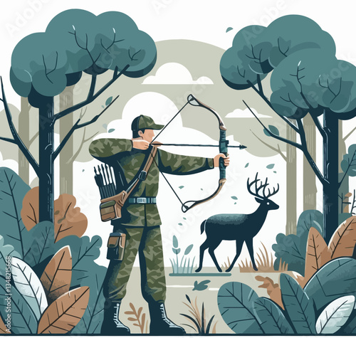 Emblema silueteada de un cazador en la naturaleza en estilo de gráficos vectoriales coloridos EPS10: diseño plano, tonos vivos, minimalismo, mostrando la figura de un cazador entre bosque y montañas a