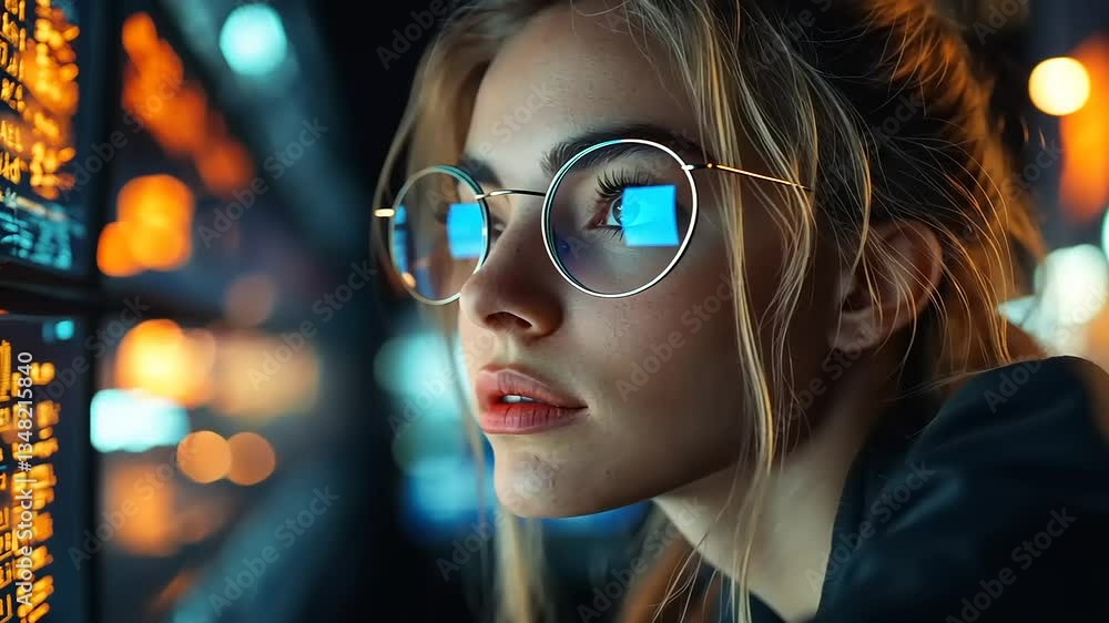 Young woman analyzing data on a digital screen Young woman analyzing data on a digital screen