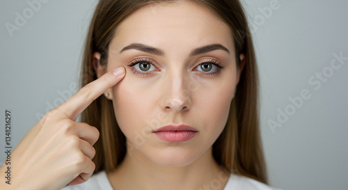 A young woman thoughtfully touches her eye, contemplating the signs of aging, against a neutral background with soft lighting.