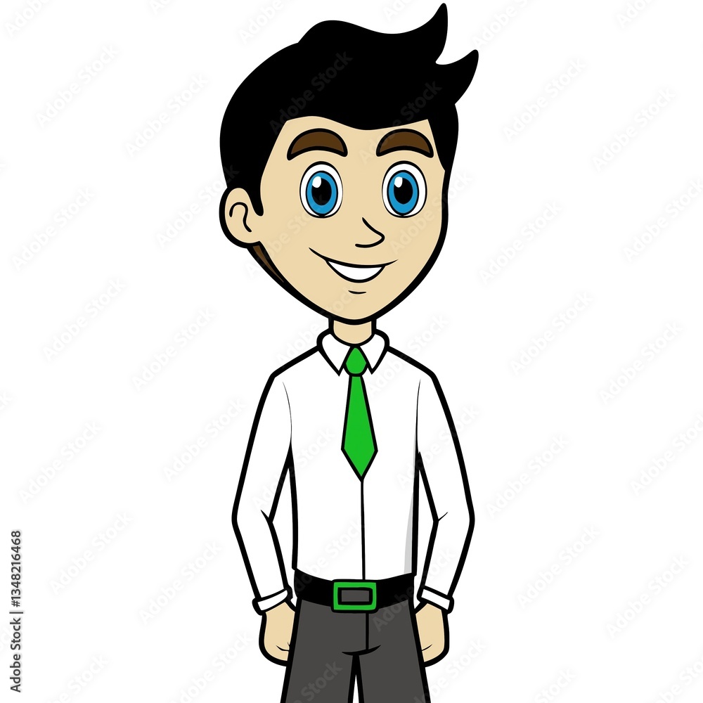 Cartoon Businessman – Smiling Young Professional with Black Hair, Blue Eyes, White Shirt, and Green Tie, Depicting Confidence, Friendliness, and Corporate Success in a Digital Illustration Cartoon Businessman – Smiling Young Professional with Black Hair, Blue Eyes, White Shirt, and Green Tie, Depicting Confidence, Friendliness, and Corporate Success in a Digital Illustration