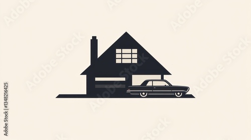 Classic Car in Garage, Suburban Home Silhouette