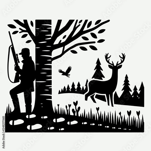 A silhouette emblem of a hunter in nature in EPS10 vector graphic style: a minimalist outline of a person with a rifle against a forest and mountain backdrop, symbolizing unity with the wild and a pas