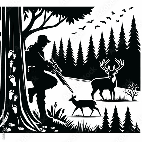 A silhouette emblem of a hunter in nature in EPS10 vector graphic style: a minimalist outline of a person with a rifle against a forest and mountain backdrop, symbolizing unity with the wild and a pas