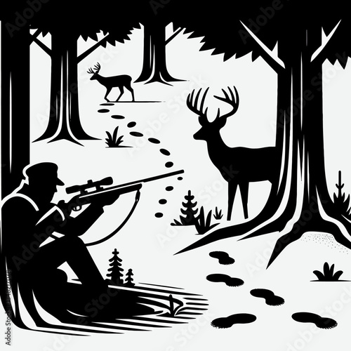 A silhouette emblem of a hunter in nature in EPS10 vector graphic style: a minimalist outline of a person with a rifle against a forest and mountain backdrop, symbolizing unity with the wild and a pas
