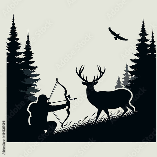 A silhouette emblem of a hunter in nature in EPS10 vector graphic style: a minimalist outline of a person with a rifle against a forest and mountain backdrop, symbolizing unity with the wild and a pas