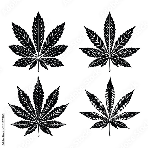 Marijuana cannabis hemp leaf black graphical silhouette, Ai weed icon logo clip art illustration vector saved in EPS 10.