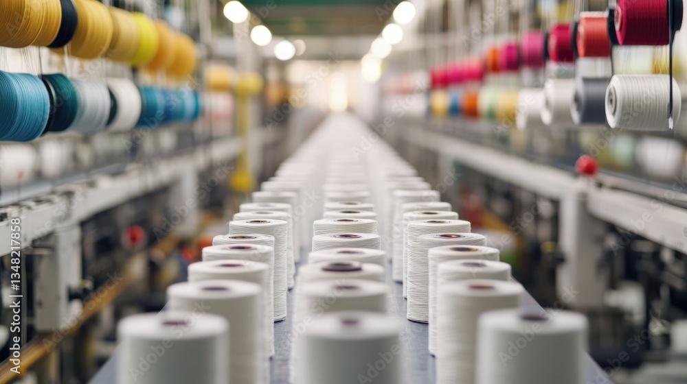 Rows of White Thread Spools in a Textile Factory Rows of White Thread Spools in a Textile Factory