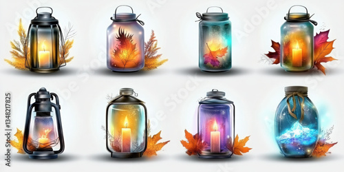 Unique cute watercolor lantern icon set home decor on white background artistic gentle vibes