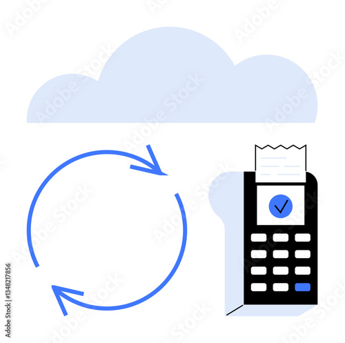 Payment terminal with receipt, circular arrows denoting process flow, cloud above. Ideal for finance, technology, automation, data processing, cloud storage, payment systems flat simple metaphor