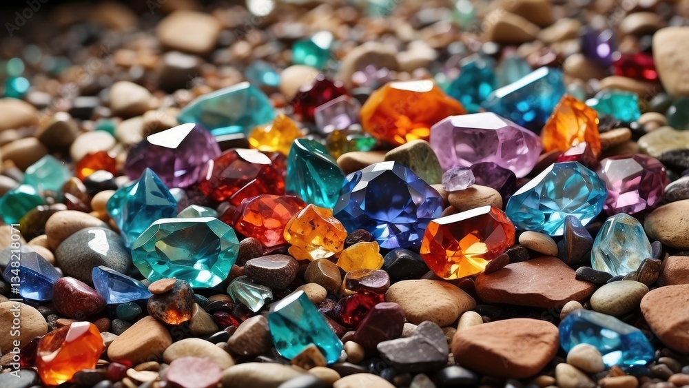 A close-up view of a collection of various polished gemstones and rocks. A close-up view of a collection of various polished gemstones and rocks.