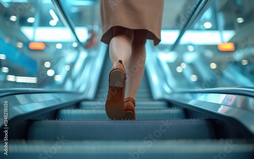 A Womans Journey Upward Brown Shoes and a Beige Skirt ascend a modern escalator, a blur of teal and light behind.