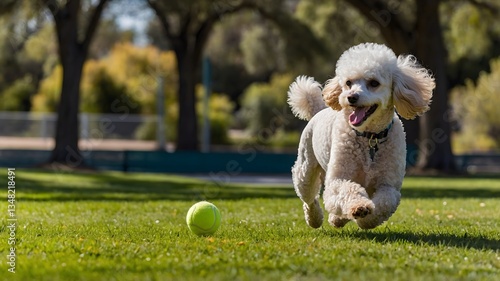 Park Pursuit: Playful Poodle Chasing a Tennis Ball with Joyful Energy