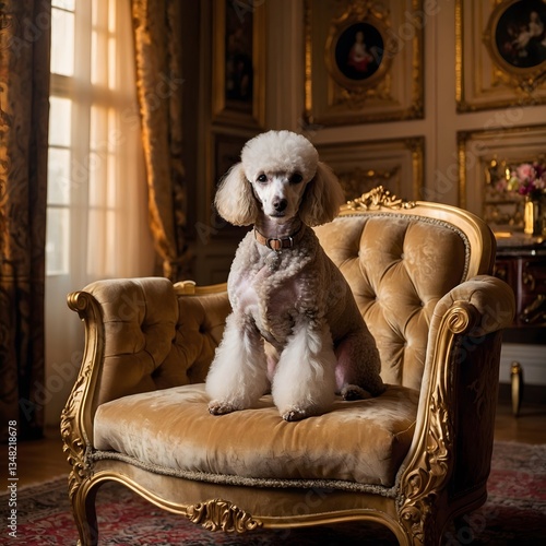 Royal Relaxation: Elegant Poodle Sitting Proudly on a Velvet Chair in a Luxurious Living Room