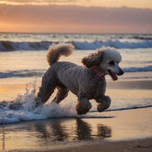 Sunset Sprint: Joyful Poodle Runs Along the Beach as the Sun Sets