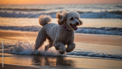 Golden Moments: Poodle Playfully Dashes on the Beach at Sunset