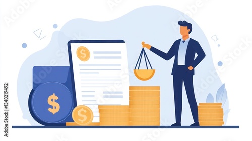 Businessman holding balance scale over money, digital document, financial success