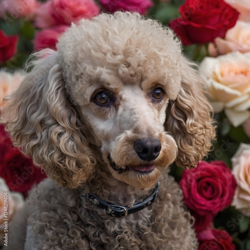 Grace in Bloom: Close-Up of Poodle Surrounded by Soft, Lush Roses