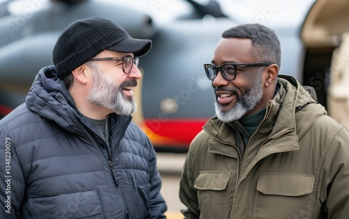 Two men, one in a dark jacket and cap, the other in olive green, engage in cheerful conversation, their smiles reflecting camaraderie and shared joy. photo