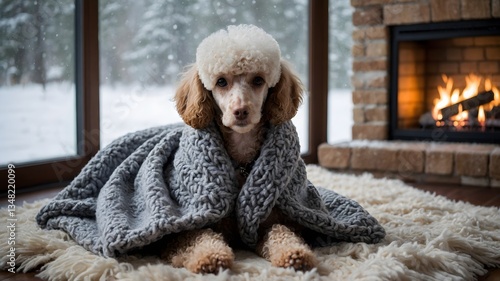 Winter Elegance: Poodle Relaxes by the Fireplace with a Soft Wool Blanket as Snow Falls Outside