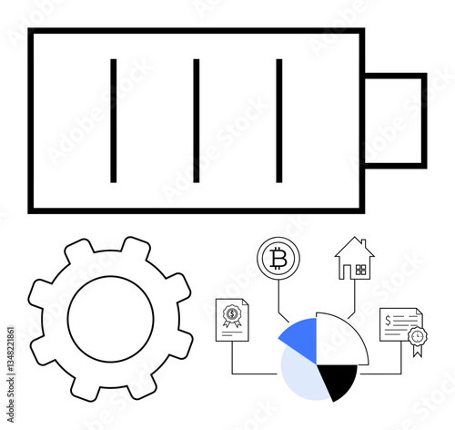 Battery icon, gear, and chart with Bitcoin, house, certificate insights highlight technology, energy, blockchain, economy finance. Ideal for innovation efficiency industry crypto technology