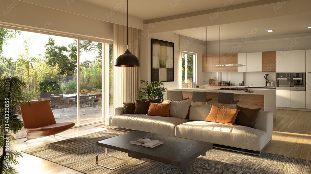 Fototapeta premium Modern Living Room Design with Open Plan Kitchen and Patio View
