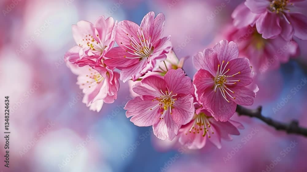 Beautiful cherry blossom flowers in full bloom against a soft blue background, creating a serene atmosphere Beautiful cherry blossom flowers in full bloom against a soft blue background, creating a serene atmosphere