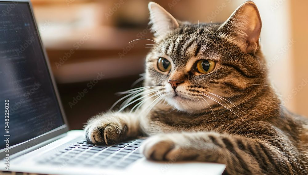 Cute tabby cat intently observing a laptop screen, paws gently resting on the keyboard; a humorous image depicting technology and pets. Cute tabby cat intently observing a laptop screen, paws gently resting on the keyboard; a humorous image depicting technology and pets.