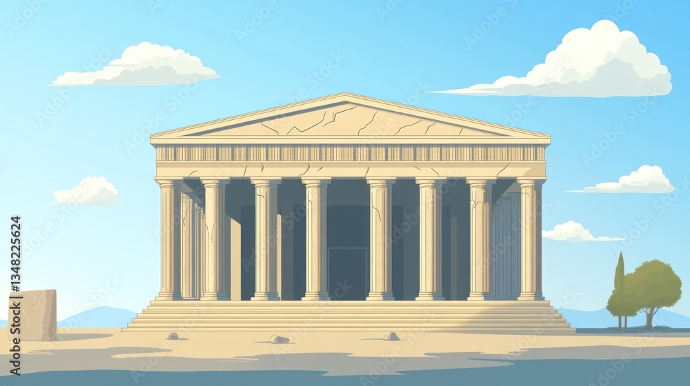 Fototapeta premium Ancient Greek temple, sunny day, idyllic landscape, historical site, illustration