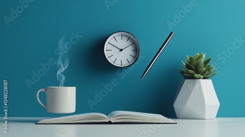 floating workspace composition, hardbound journal suspended in motion, contemporary desk clock levitating, ceramic mug with visible coffee swirls, modern geometric planter with hovering succulent,