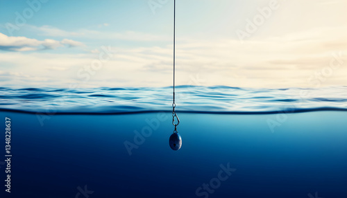 A fishing weight hangs suspended beneath the surface of a tranquil ocean, the line extending to a calm sky above. A serene underwater scene captured in stunning detail.